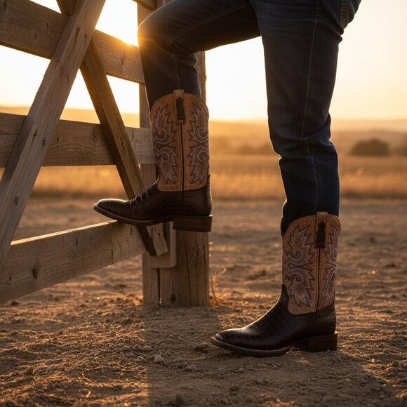 Men Chocolate Caiman Belly Leather Cowboy Bold Crocodile Texture Square Toe Boot main image 6